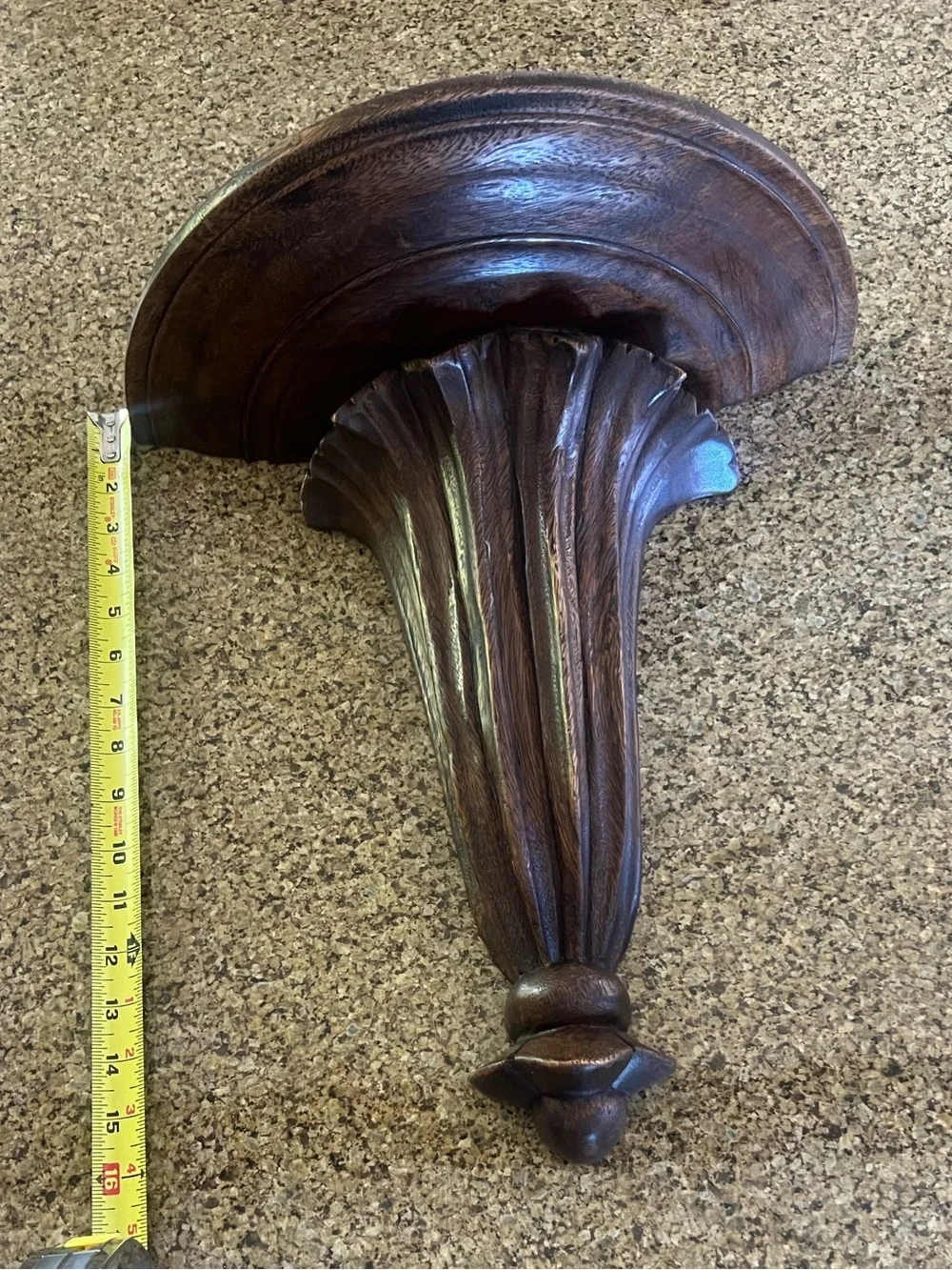 Vintage 15” Hand Carved Fluted Solid Dark Stained Wood Wall Sconce Shelve
